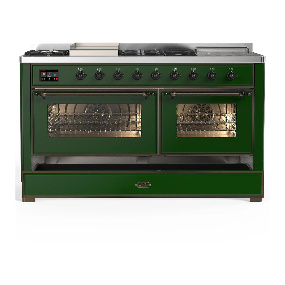 ILVE Majestic III 60-inch Dual Fuel Range with 5 Liquid Propane Burner, Griddle, French Top and Triple Glass Door Electric Oven in Emerald Green with Burnished Trim (UM60FSNR3EGBLP)