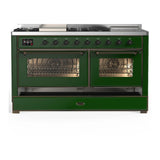 ILVE Majestic III 60-inch Dual Fuel Range with 5 Liquid Propane Burner, Griddle, French Top and Triple Glass Door Electric Oven in Emerald Green with Burnished Trim (UM60FSNR3EGBLP)