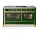 ILVE Majestic III 60-inch Dual Fuel Range with 7 Natural Gas Burner, Griddle, French Top and Triple Glass Door Electric Oven in Emerald Green with Brass Trim (UM60FSNR3EGG)