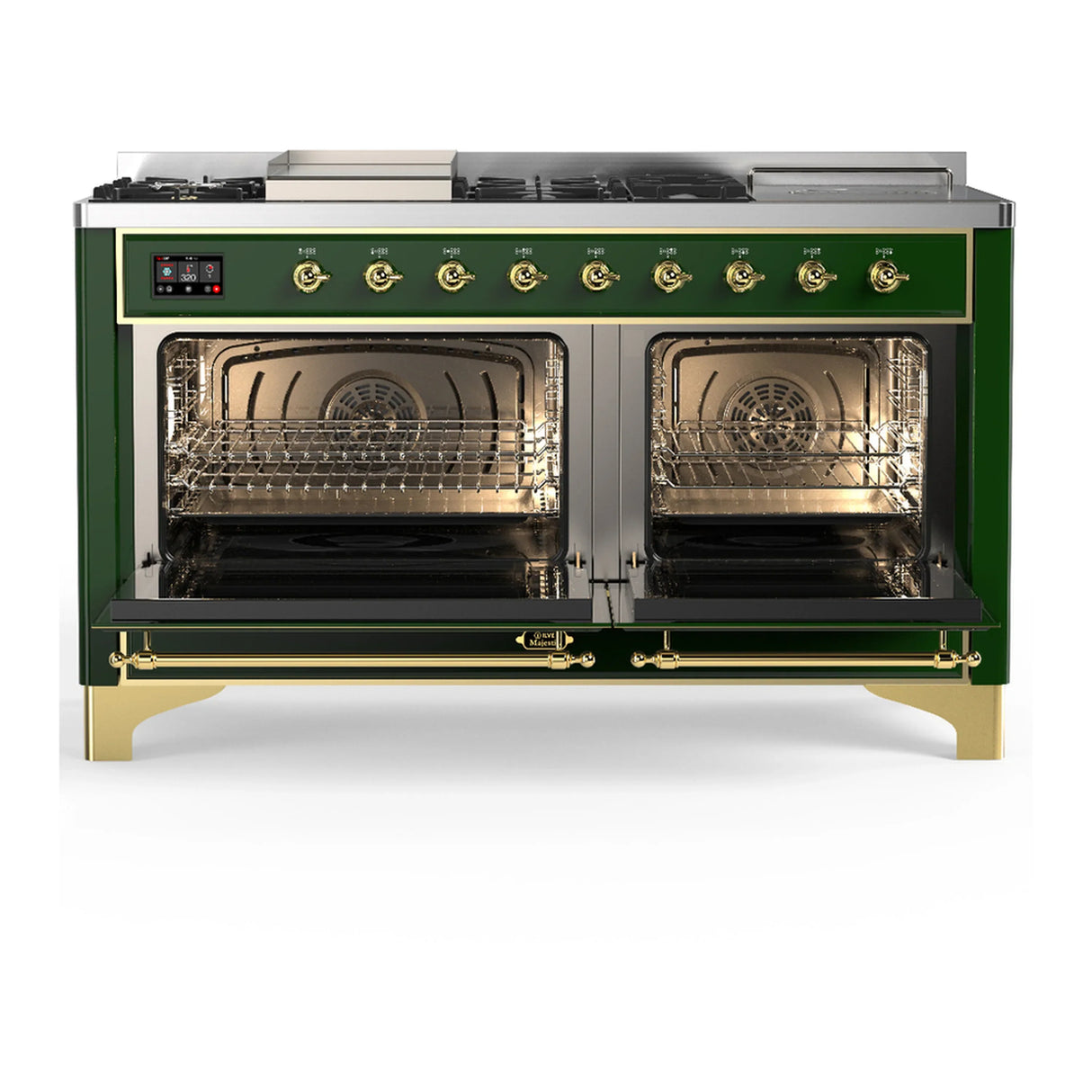 ILVE Majestic III 60-inch Dual Fuel Range with 7 Natural Gas Burner, Griddle, French Top and Triple Glass Door Electric Oven in Emerald Green with Brass Trim (UM60FSNR3EGG)