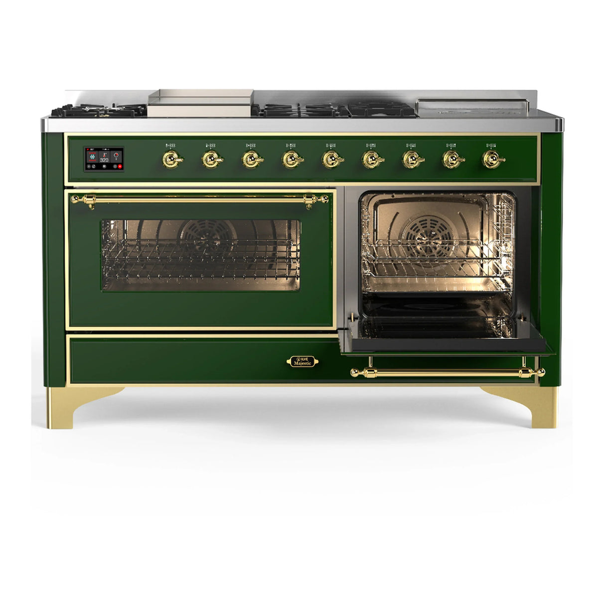 ILVE Majestic III 60-inch Dual Fuel Range with 7 Natural Gas Burner, Griddle, French Top and Triple Glass Door Electric Oven in Emerald Green with Brass Trim (UM60FSNR3EGG)