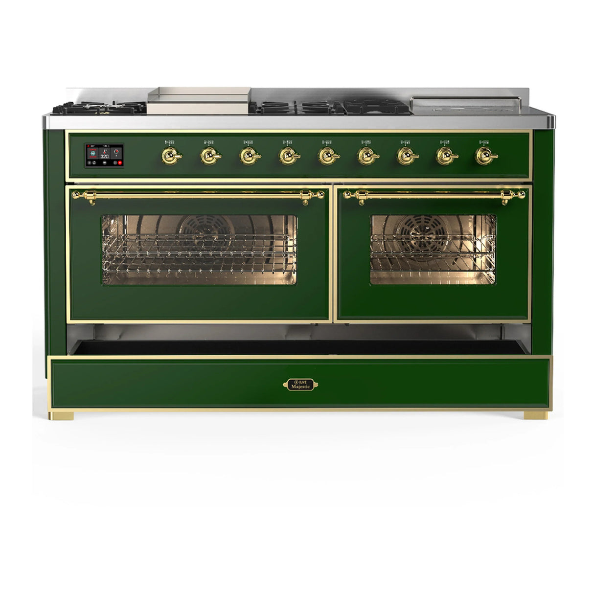 ILVE Majestic III 60-inch Dual Fuel Range with 7 Natural Gas Burner, Griddle, French Top and Triple Glass Door Electric Oven in Emerald Green with Brass Trim (UM60FSNR3EGG)