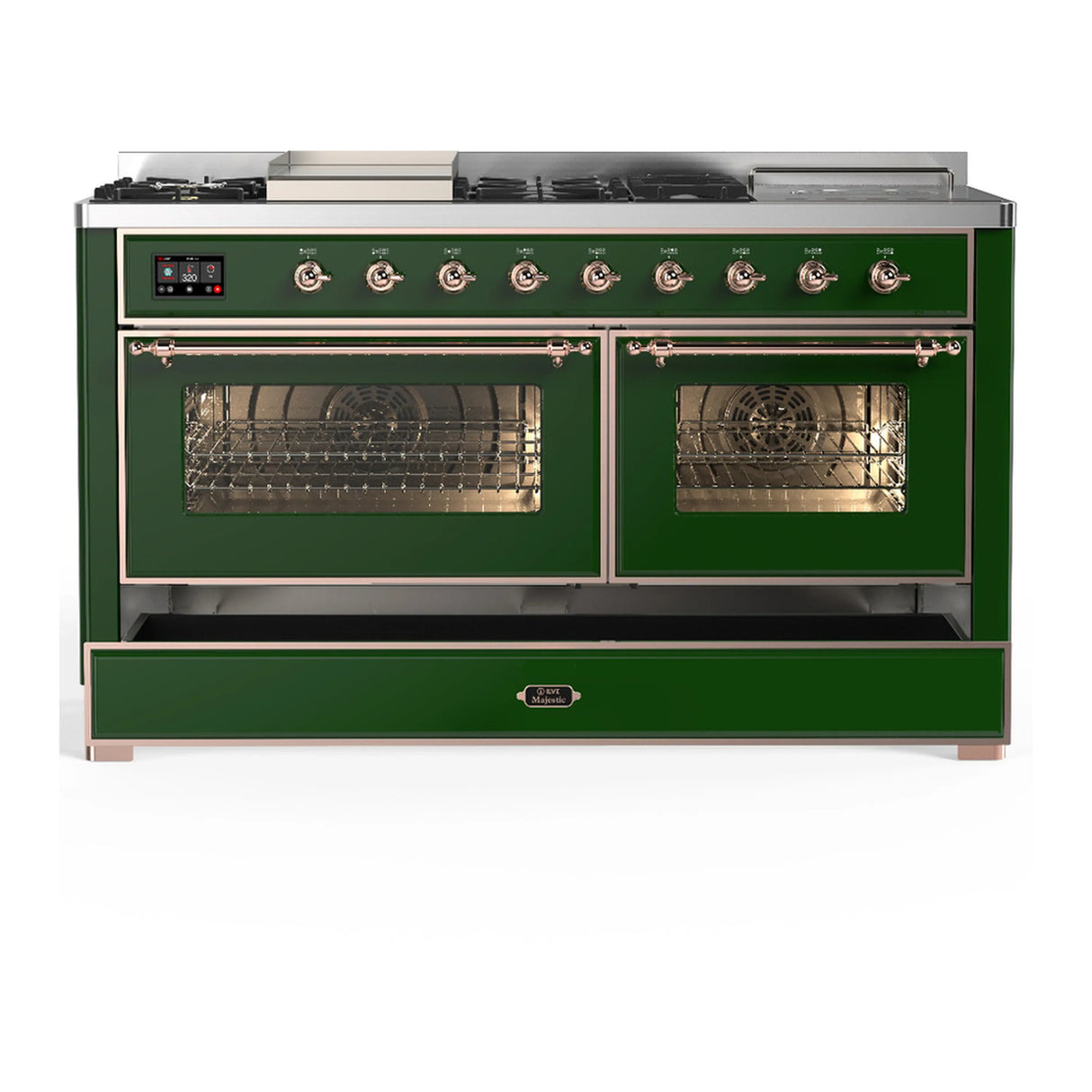 ILVE Majestic III 60-inch Dual Fuel Range with 5 Liquid Propane Burner, Griddle, French Top and Triple Glass Door Electric Oven in Emerald Green with Copper Trim (UM60FSNR3EGPLP)