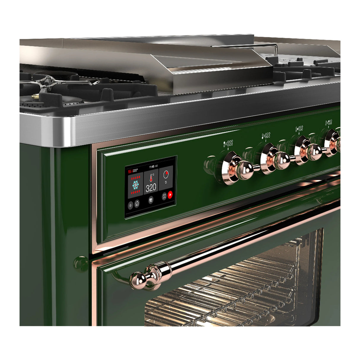 ILVE Majestic III 60-inch Dual Fuel Range with 5 Liquid Propane Burner, Griddle, French Top and Triple Glass Door Electric Oven in Emerald Green with Copper Trim (UM60FSNR3EGPLP)