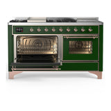 ILVE Majestic III 60-inch Dual Fuel Range with 7 Natural Gas Burner, Griddle, French Top and Triple Glass Door Electric Oven in Emerald Green with Copper Trim (UM60FSNR3EGP)