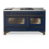 ILVE Majestic III 60-inch Dual Fuel Range with 5 Liquid Propane Burner, Griddle, French Top and Triple Glass Door Electric Oven in Midnight Blue with Burnished Trim (UM60FSNR3MBBLP)