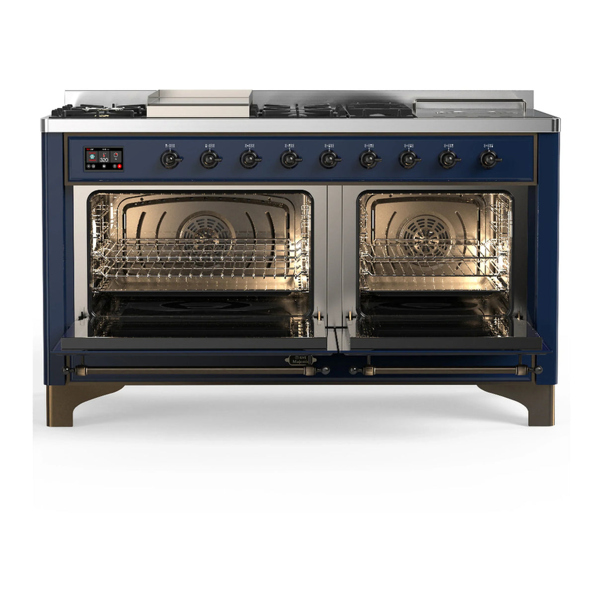 ILVE Majestic III 60-inch Dual Fuel Range with 5 Liquid Propane Burner, Griddle, French Top and Triple Glass Door Electric Oven in Midnight Blue with Burnished Trim (UM60FSNR3MBBLP)
