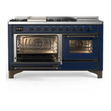 ILVE Majestic III 60-inch Dual Fuel Range with 5 Liquid Propane Burner, Griddle, French Top and Triple Glass Door Electric Oven in Midnight Blue with Burnished Trim (UM60FSNR3MBBLP)