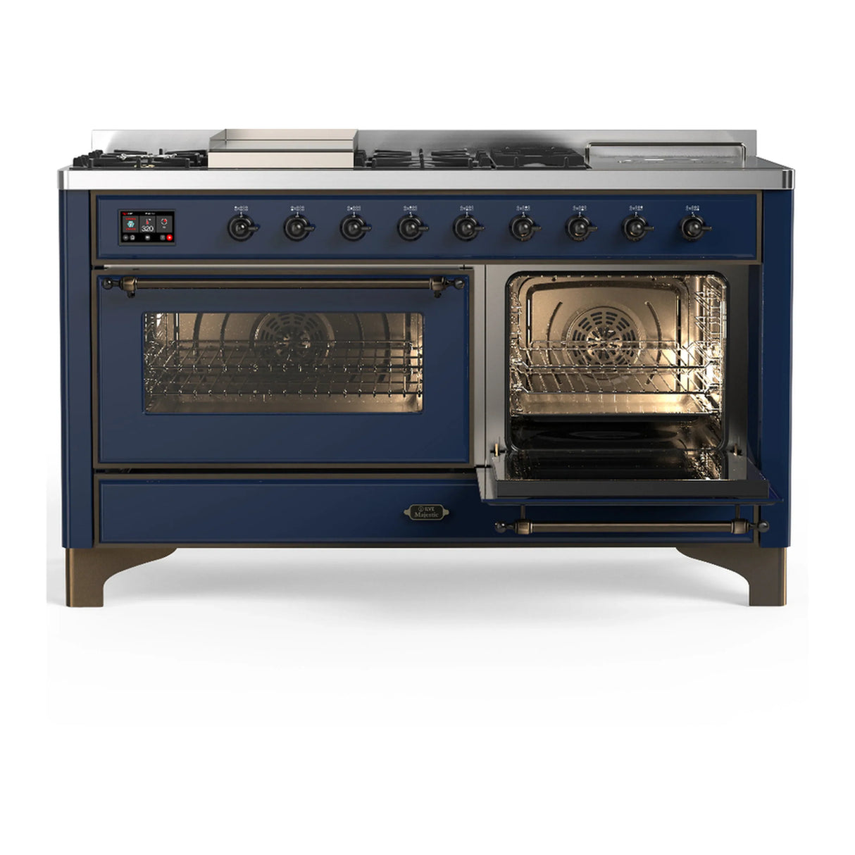 ILVE Majestic III 60-inch Dual Fuel Range with 5 Liquid Propane Burner, Griddle, French Top and Triple Glass Door Electric Oven in Midnight Blue with Burnished Trim (UM60FSNR3MBBLP)