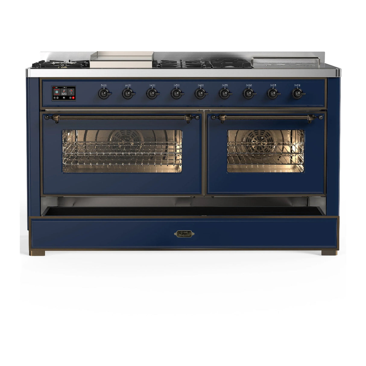ILVE Majestic III 60-inch Dual Fuel Range with 5 Liquid Propane Burner, Griddle, French Top and Triple Glass Door Electric Oven in Midnight Blue with Burnished Trim (UM60FSNR3MBBLP)