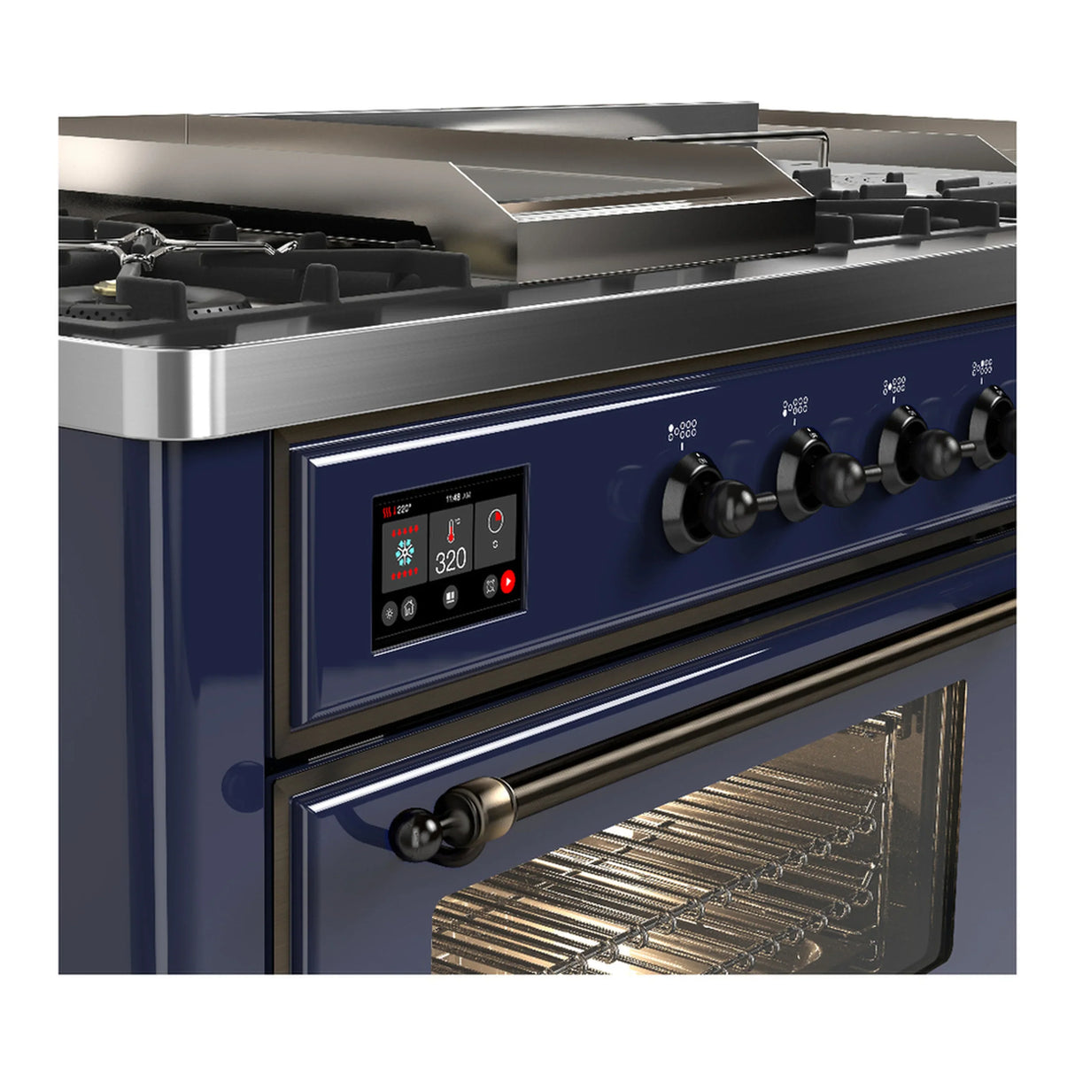 ILVE Majestic III 60-inch Dual Fuel Range with 5 Liquid Propane Burner, Griddle, French Top and Triple Glass Door Electric Oven in Midnight Blue with Burnished Trim (UM60FSNR3MBBLP)