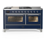 ILVE Majestic III 60-inch Dual Fuel Range with 5 Liquid Propane Burner, Griddle, French Top and Triple Glass Door Electric Oven in Midnight Blue with Chrome Trim (UM60FSNR3MBCLP)