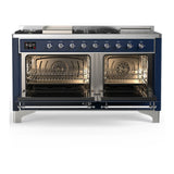 ILVE Majestic III 60-inch Dual Fuel Range with 5 Liquid Propane Burner, Griddle, French Top and Triple Glass Door Electric Oven in Midnight Blue with Chrome Trim (UM60FSNR3MBCLP)