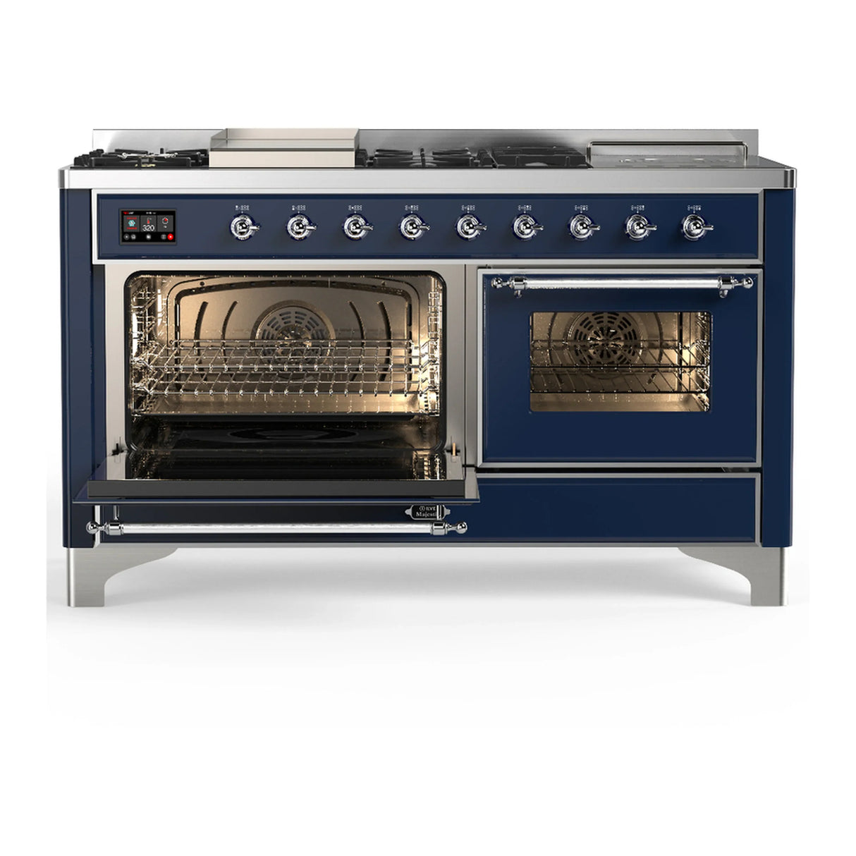 ILVE Majestic III 60-inch Dual Fuel Range with 5 Liquid Propane Burner, Griddle, French Top and Triple Glass Door Electric Oven in Midnight Blue with Chrome Trim (UM60FSNR3MBCLP)