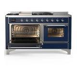 ILVE Majestic III 60-inch Dual Fuel Range with 5 Liquid Propane Burner, Griddle, French Top and Triple Glass Door Electric Oven in Midnight Blue with Chrome Trim (UM60FSNR3MBCLP)