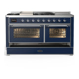 ILVE Majestic III 60-inch Dual Fuel Range with 5 Liquid Propane Burner, Griddle, French Top and Triple Glass Door Electric Oven in Midnight Blue with Chrome Trim (UM60FSNR3MBCLP)