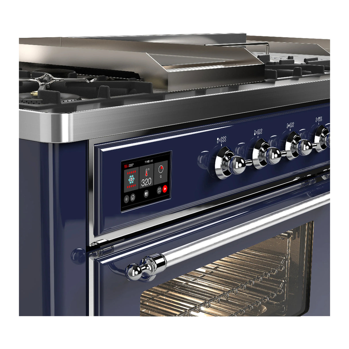 ILVE Majestic III 60-inch Dual Fuel Range with 7 Natural Gas Burner, Griddle, French Top and Triple Glass Door Electric Oven in Midnight Blue with Chrome Trim (UM60FSNR3MBC)