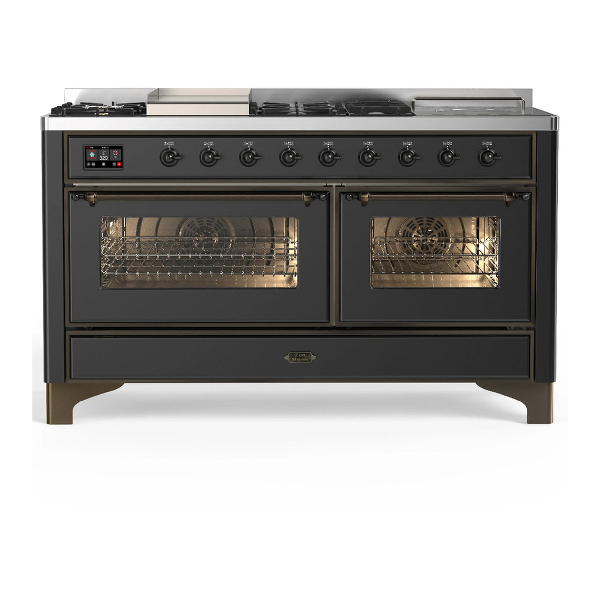 ILVE Majestic III 60-inch Dual Fuel Range with 5 Liquid Propane Burner, Griddle, French Top and Triple Glass Door Electric Oven in Graphite Matte with Burnished Trim (UM60FSNR3MGBLP)
