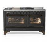 ILVE Majestic III 60-inch Dual Fuel Range with 5 Liquid Propane Burner, Griddle, French Top and Triple Glass Door Electric Oven in Graphite Matte with Burnished Trim (UM60FSNR3MGBLP)