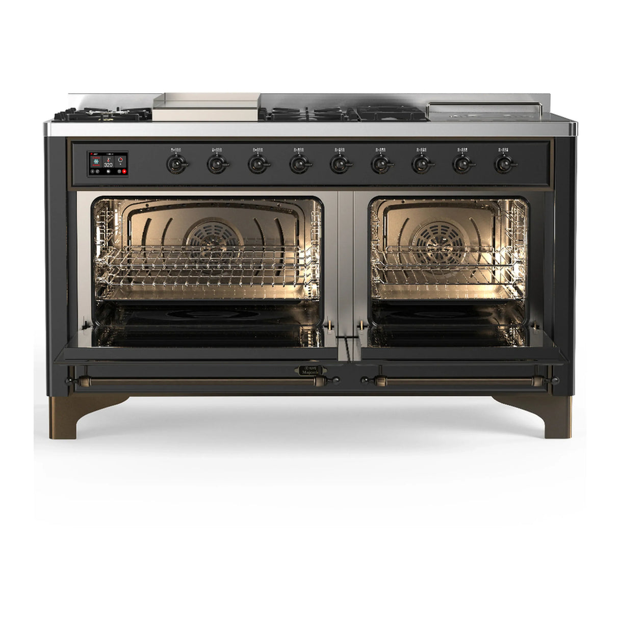 ILVE Majestic III 60-inch Dual Fuel Range with 5 Liquid Propane Burner, Griddle, French Top and Triple Glass Door Electric Oven in Graphite Matte with Burnished Trim (UM60FSNR3MGBLP)