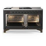 ILVE Majestic III 60-inch Dual Fuel Range with 5 Liquid Propane Burner, Griddle, French Top and Triple Glass Door Electric Oven in Graphite Matte with Burnished Trim (UM60FSNR3MGBLP)