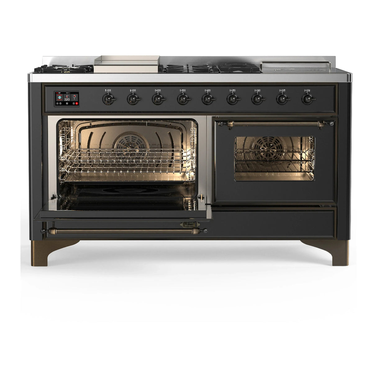 ILVE Majestic III 60-inch Dual Fuel Range with 5 Liquid Propane Burner, Griddle, French Top and Triple Glass Door Electric Oven in Graphite Matte with Burnished Trim (UM60FSNR3MGBLP)