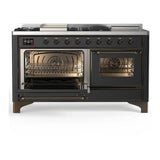 ILVE Majestic III 60-inch Dual Fuel Range with 5 Liquid Propane Burner, Griddle, French Top and Triple Glass Door Electric Oven in Graphite Matte with Burnished Trim (UM60FSNR3MGBLP)