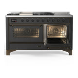 ILVE Majestic III 60-inch Dual Fuel Range with 5 Liquid Propane Burner, Griddle, French Top and Triple Glass Door Electric Oven in Graphite Matte with Burnished Trim (UM60FSNR3MGBLP)