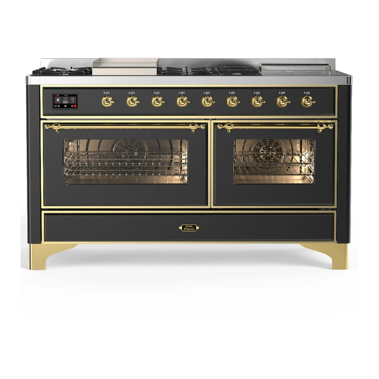 ILVE Majestic III 60-inch Dual Fuel Range with 5 Liquid Propane Burner, Griddle, French Top and Triple Glass Door Electric Oven in Graphite Matte with Brass Trim (UM60FSNR3MGGLP)