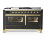 ILVE Majestic III 60-inch Dual Fuel Range with 5 Liquid Propane Burner, Griddle, French Top and Triple Glass Door Electric Oven in Graphite Matte with Brass Trim (UM60FSNR3MGGLP)