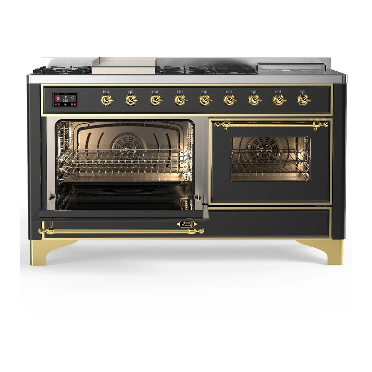 ILVE Majestic III 60-inch Dual Fuel Range with 5 Liquid Propane Burner, Griddle, French Top and Triple Glass Door Electric Oven in Graphite Matte with Brass Trim (UM60FSNR3MGGLP)