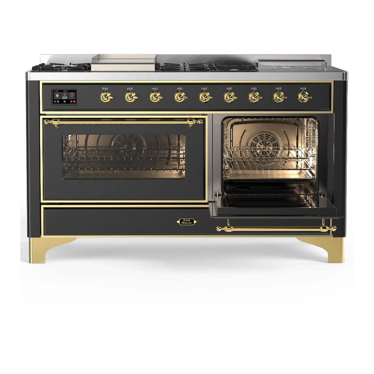 ILVE Majestic III 60-inch Dual Fuel Range with 5 Liquid Propane Burner, Griddle, French Top and Triple Glass Door Electric Oven in Graphite Matte with Brass Trim (UM60FSNR3MGGLP)