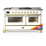 ILVE Majestic III 60-inch Dual Fuel Range with 7 Natural Gas Burner, Griddle, French Top and Triple Glass Door Electric Oven in RAL with Brass Trim (UM60FSNR3RAG)