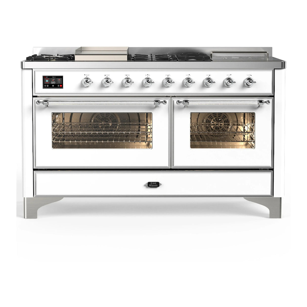 ILVE Majestic III 60-inch Dual Fuel Range with 7 Natural Gas Burner, Griddle, French Top and Triple Glass Door Electric Oven in White with Chrome Trim (UM60FSNR3WHC)