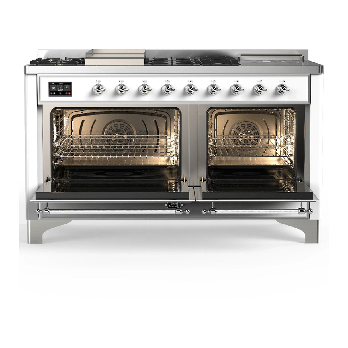 ILVE Majestic III 60-inch Dual Fuel Range with 7 Natural Gas Burner, Griddle, French Top and Triple Glass Door Electric Oven in White with Chrome Trim (UM60FSNR3WHC)