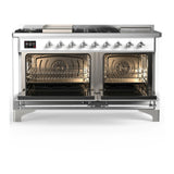 ILVE Majestic III 60-inch Dual Fuel Range with 7 Natural Gas Burner, Griddle, French Top and Triple Glass Door Electric Oven in White with Chrome Trim (UM60FSNR3WHC)