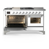 ILVE Majestic III 60-inch Dual Fuel Range with 7 Natural Gas Burner, Griddle, French Top and Triple Glass Door Electric Oven in White with Chrome Trim (UM60FSNR3WHC)