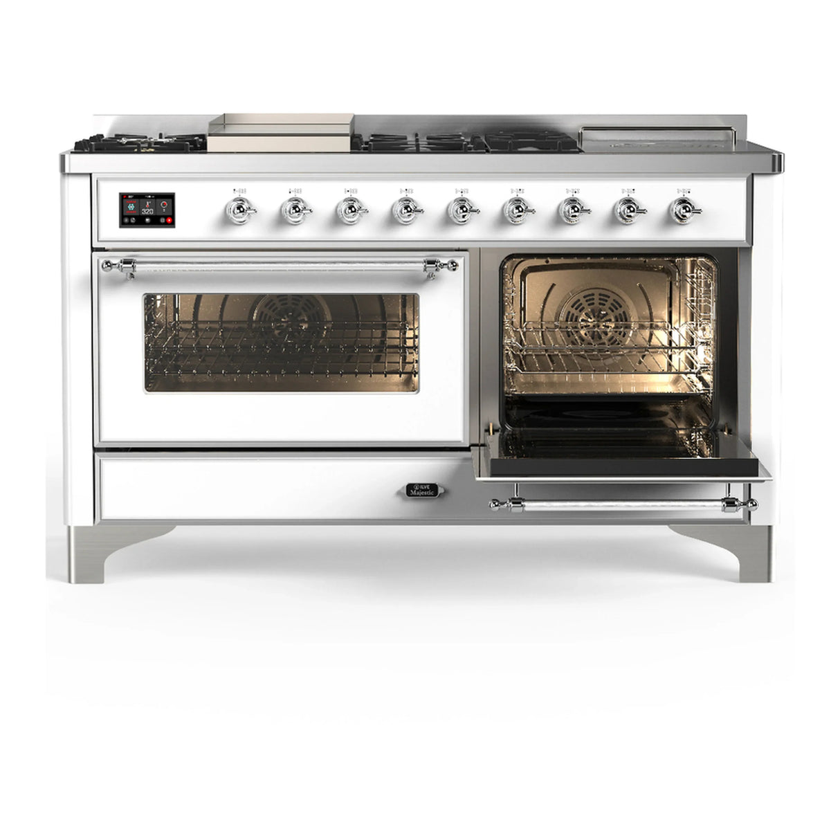 ILVE Majestic III 60-inch Dual Fuel Range with 7 Natural Gas Burner, Griddle, French Top and Triple Glass Door Electric Oven in White with Chrome Trim (UM60FSNR3WHC)