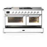ILVE Majestic III 60-inch Dual Fuel Range with 7 Natural Gas Burner, Griddle, French Top and Triple Glass Door Electric Oven in White with Chrome Trim (UM60FSNR3WHC)