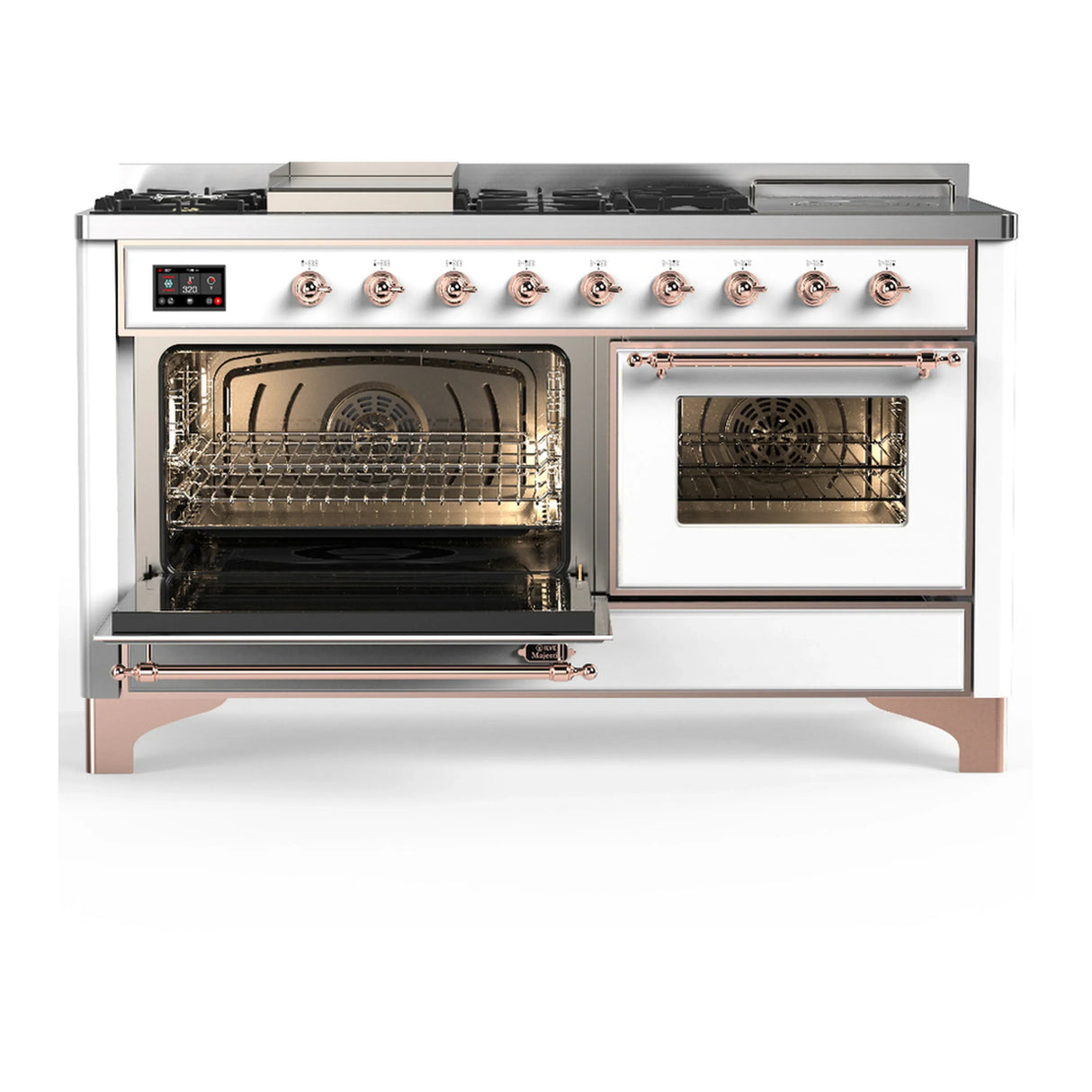 ILVE Majestic III 60-inch Dual Fuel Range with 5 Liquid Propane Burner, Griddle, French Top and Triple Glass Door Electric Oven in White with Copper Trim (UM60FSNR3WHPLP)