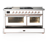 ILVE Majestic III 60-inch Dual Fuel Range with 5 Liquid Propane Burner, Griddle, French Top and Triple Glass Door Electric Oven in White with Copper Trim (UM60FSNR3WHPLP)