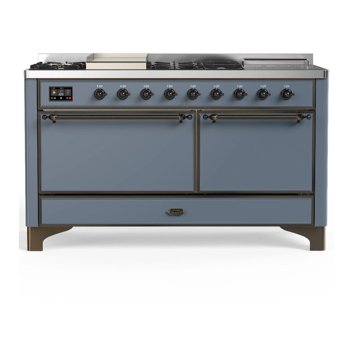 ILVE Majestic III 60-inch Dual Fuel Range with 7 Natural Gas Burner, Griddle, French Top and Solid Door Electric Oven in Blue Grey with Burnished Trim (UM60FSQNR3BGB)