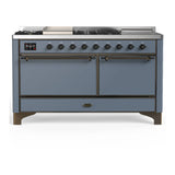 ILVE Majestic III 60-inch Dual Fuel Range with 7 Natural Gas Burner, Griddle, French Top and Solid Door Electric Oven in Blue Grey with Burnished Trim (UM60FSQNR3BGB)