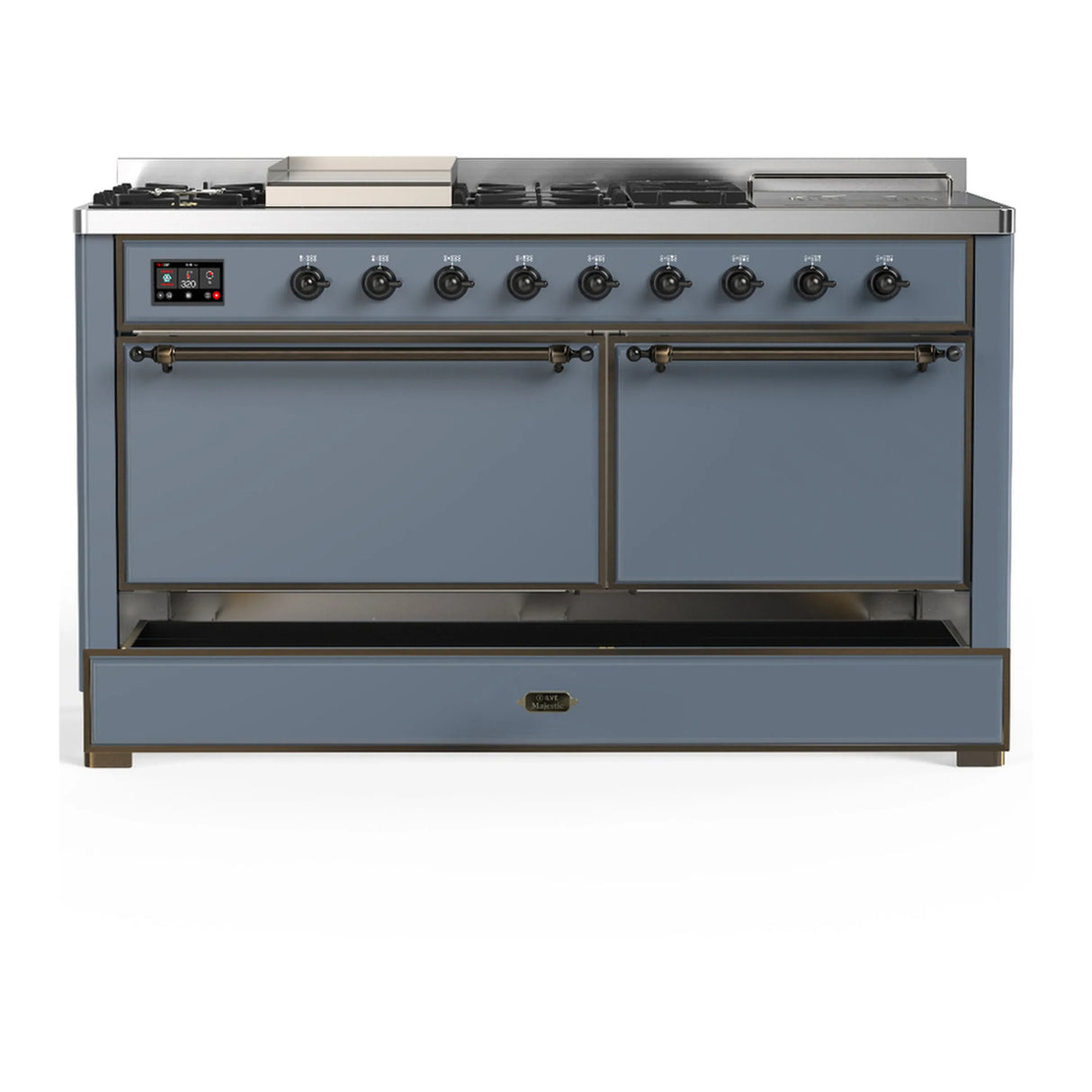 ILVE Majestic III 60-inch Dual Fuel Range with 7 Natural Gas Burner, Griddle, French Top and Solid Door Electric Oven in Blue Grey with Burnished Trim (UM60FSQNR3BGB)