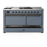 ILVE Majestic III 60-inch Dual Fuel Range with 7 Natural Gas Burner, Griddle, French Top and Solid Door Electric Oven in Blue Grey with Burnished Trim (UM60FSQNR3BGB)