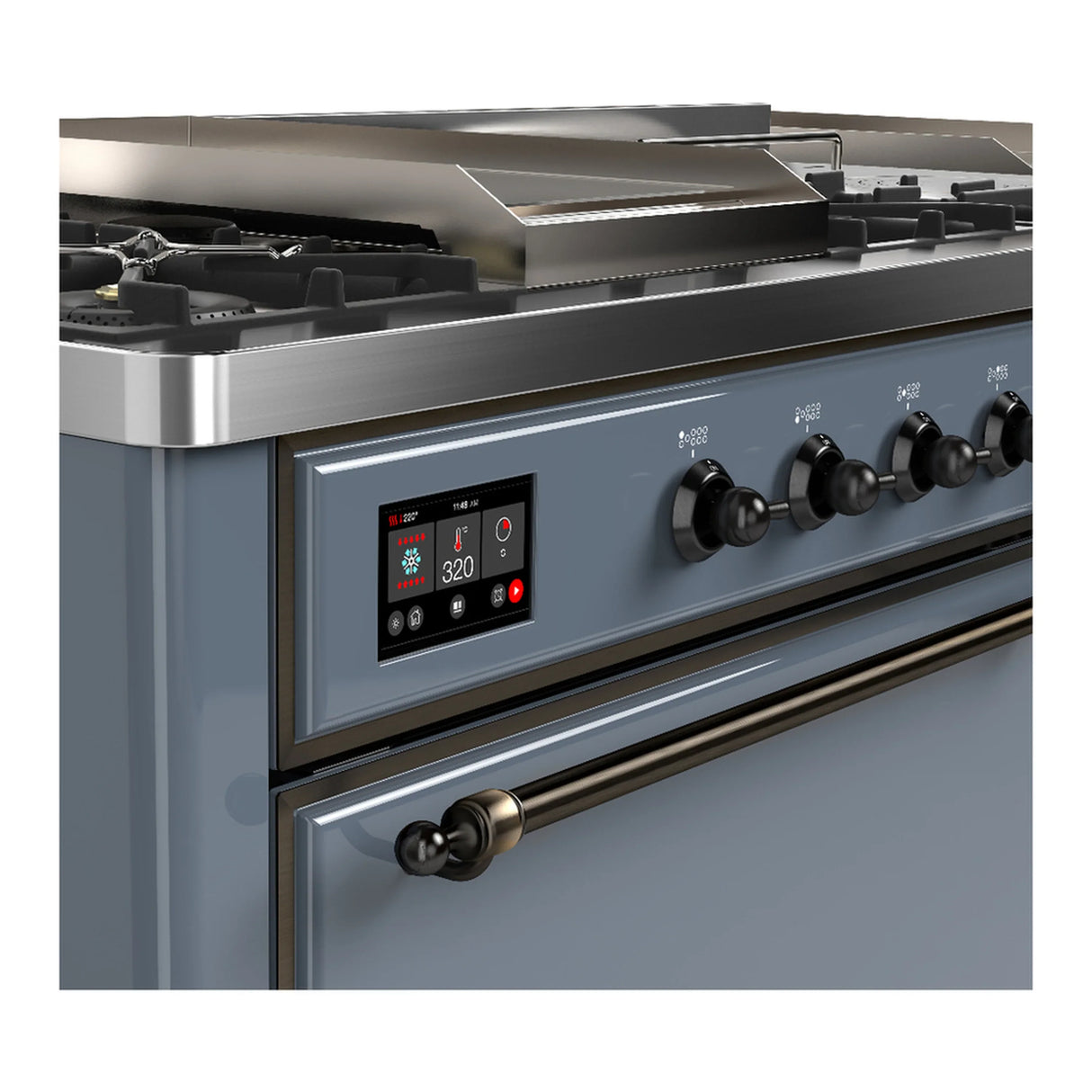 ILVE Majestic III 60-inch Dual Fuel Range with 7 Natural Gas Burner, Griddle, French Top and Solid Door Electric Oven in Blue Grey with Burnished Trim (UM60FSQNR3BGB)