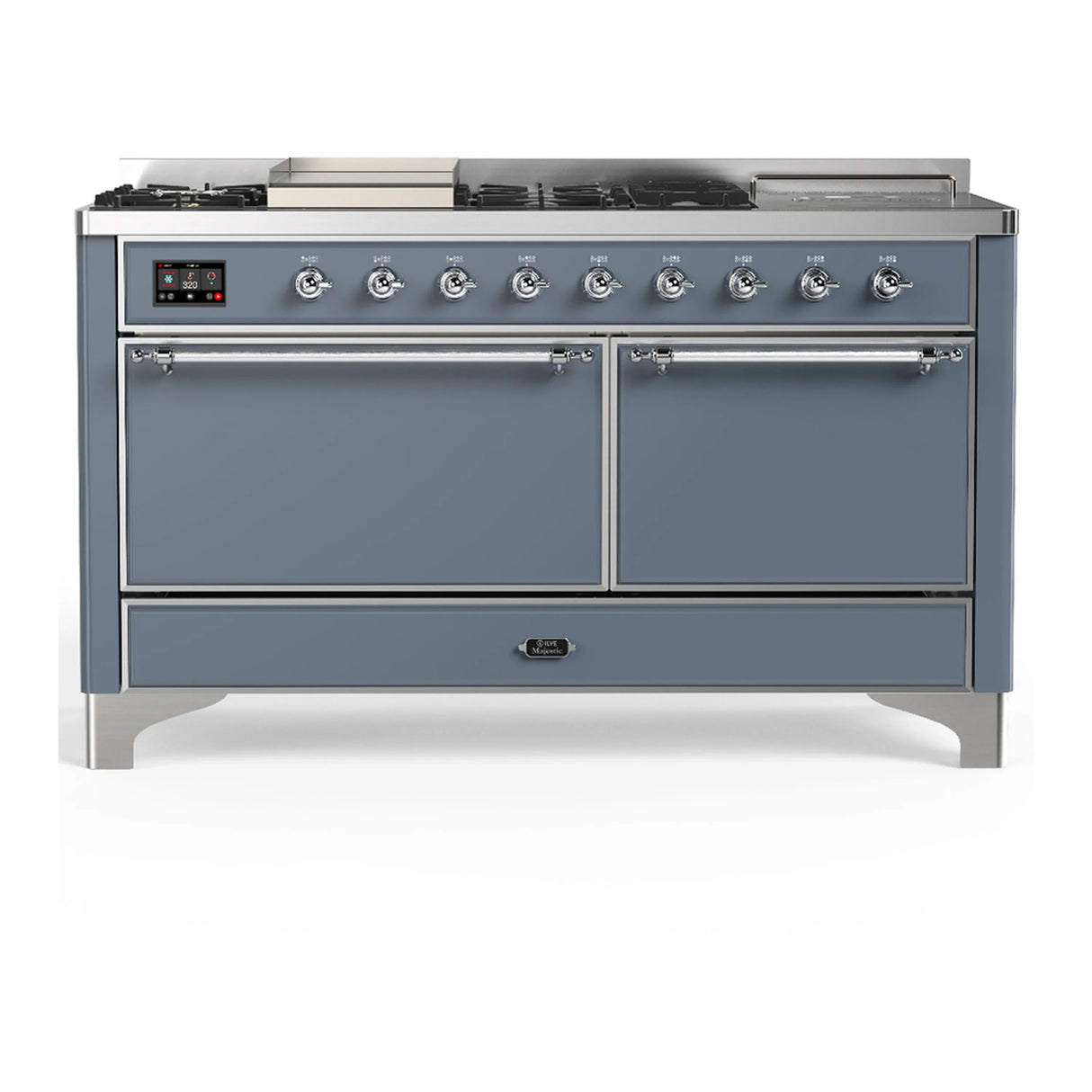 ILVE Majestic III 60-inch Dual Fuel Range with 5 Liquid Propane Burner, Griddle, French Top and Solid Door Electric Oven in Blue Grey with Chrome Trim (UM60FSQNR3BGCLP)