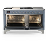 ILVE Majestic III 60-inch Dual Fuel Range with 5 Liquid Propane Burner, Griddle, French Top and Solid Door Electric Oven in Blue Grey with Chrome Trim (UM60FSQNR3BGCLP)