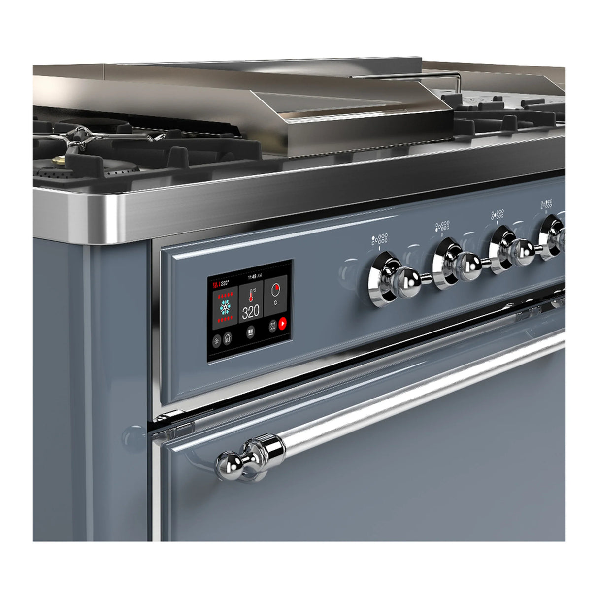 ILVE Majestic III 60-inch Dual Fuel Range with 5 Liquid Propane Burner, Griddle, French Top and Solid Door Electric Oven in Blue Grey with Chrome Trim (UM60FSQNR3BGCLP)
