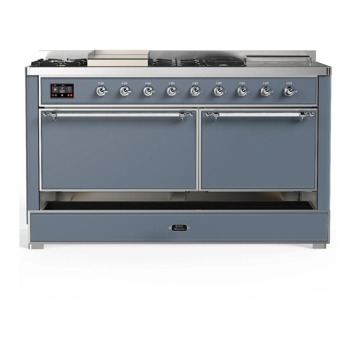 ILVE Majestic III 60-inch Dual Fuel Range with 7 Natural Gas Burner, Griddle, French Top and Solid Door Electric Oven in Blue Grey with Chrome Trim (UM60FSQNR3BGC)